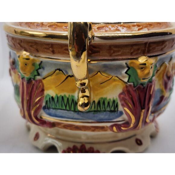 Bowl & Lid-Gold Trim-Japanese Inspired Summer Scenes-3D Embossed-Colorful-Footed - Picture 8 of 16